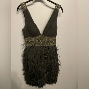Sue Wong nocturne ostrich feather teired Flapper” dress, black with gold accents